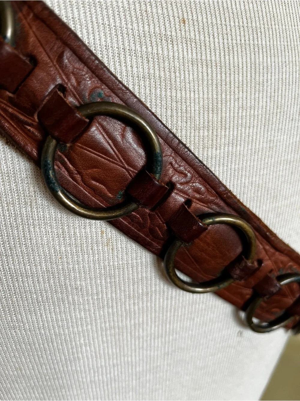 Vintage Leather Belt with Brass Ring Adornment and Buckle Size 38 - Picture 13 of 14